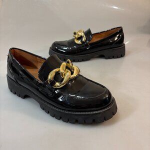 Riekhany 41 10US Black Patent Leather Gold Chain 1.75" Platform Loafers Shoes